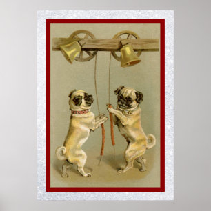 vintage pugs ringing new year bells poster