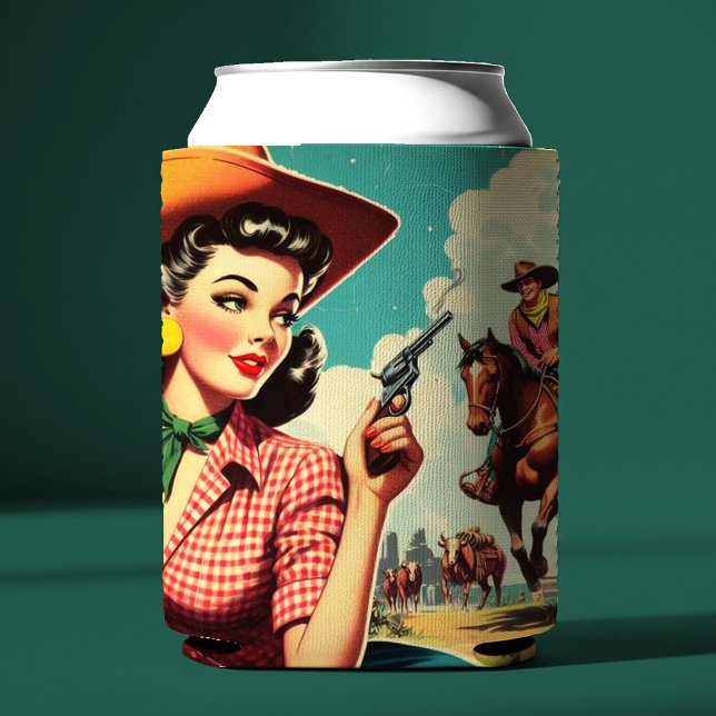 Vintage Pulp Cowgirl Illustration Can Cooler (Creator Uploaded)