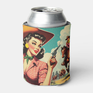 Vintage Pulp Cowgirl Illustration Can Cooler