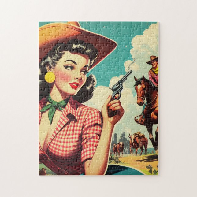 Vintage Pulp Cowgirl Illustration Jigsaw Puzzle (Vertical)