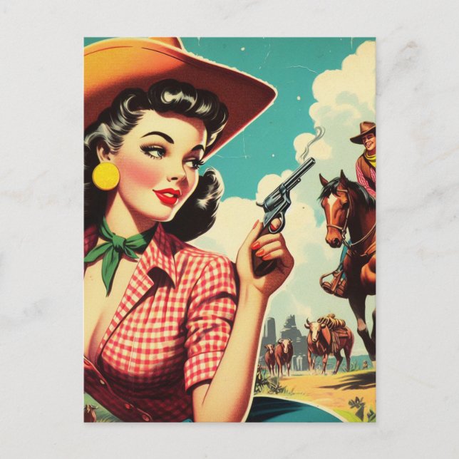 Vintage Pulp Cowgirl Illustration Postcard (Front)