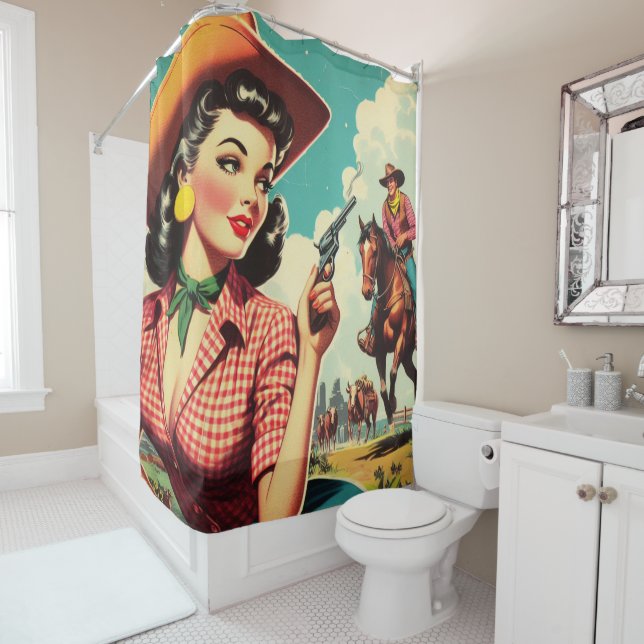Vintage Pulp Cowgirl Illustration Shower Curtain (In Situ)
