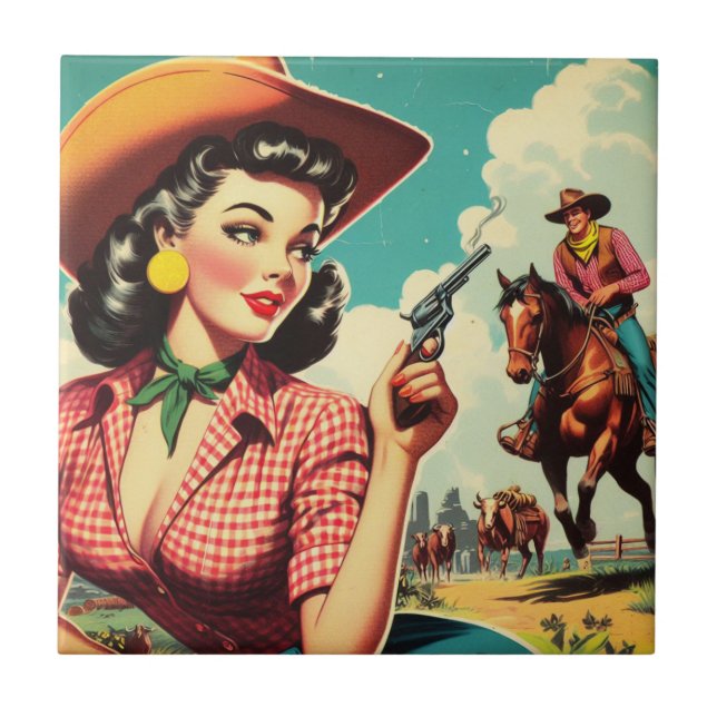 Vintage Pulp Cowgirl Illustration Tile (Front)