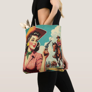 Vintage Pulp Cowgirl Illustration Tote Bag