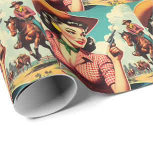 Vintage Pulp Cowgirl Illustration Wrapping Paper