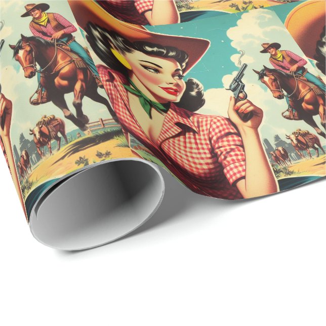 Vintage Pulp Cowgirl Illustration Wrapping Paper (Roll Corner)