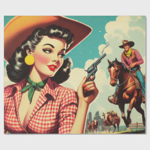 Vintage Pulp Cowgirl Illustration Wrapping Paper