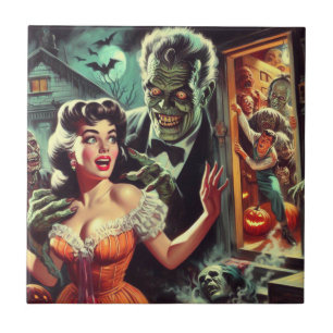 Vintage Pulp Horror Girl Illustration Tile