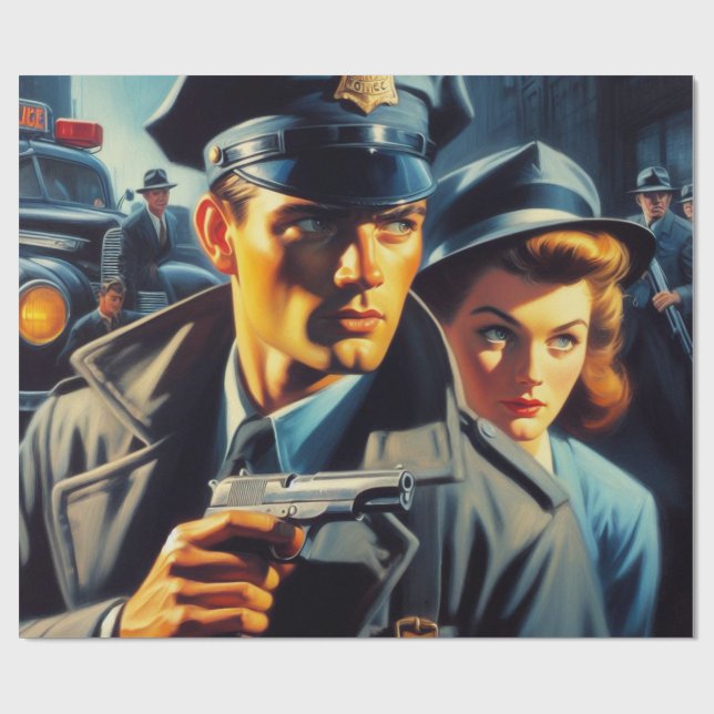 Vintage Pulp Police Illustration Wrapping Paper (Flat)