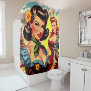 Vintage Pulp Western Girls Shower Curtain