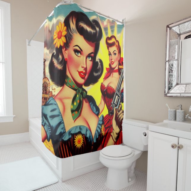 Vintage Pulp Western Girls Shower Curtain (In Situ)