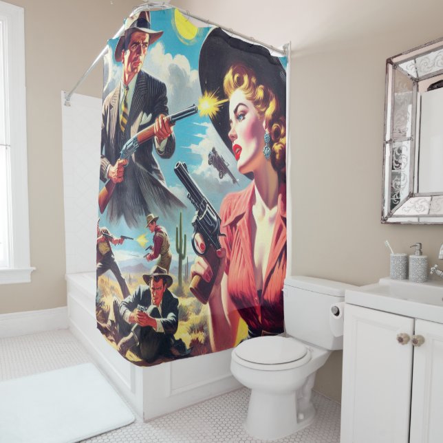 Vintage Pulp Western Illustration Shower Curtain (In Situ)