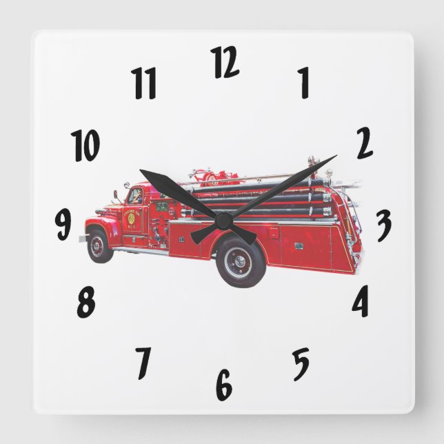 Vintage Pumper Fire Engine Square Wall Clock (Front)