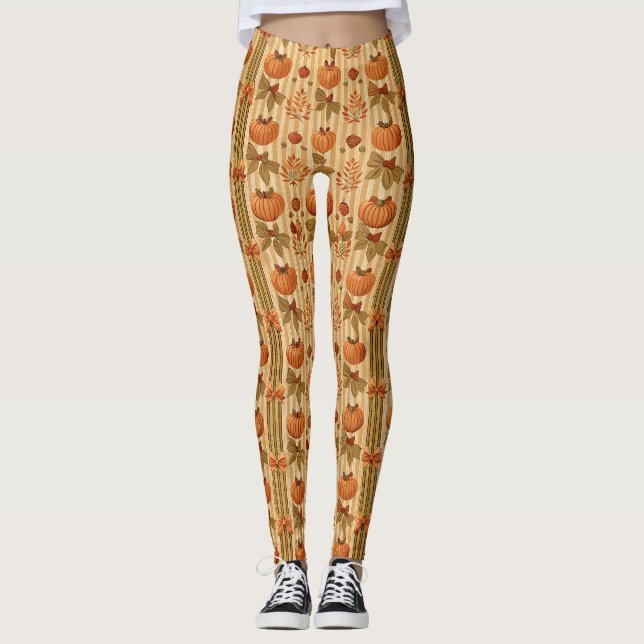 Vintage Pumpkin and Bow Autumn Pattern Leggings (Front)