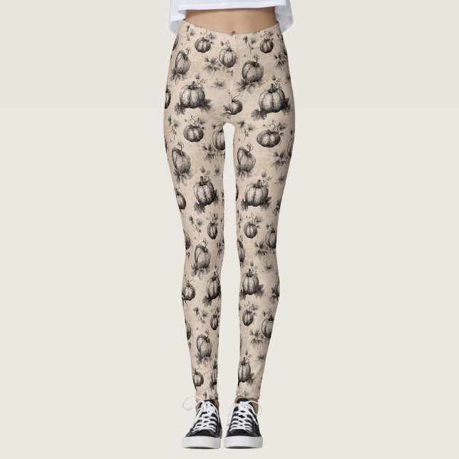 Vintage Pumpkin and Vine Engraving Pattern Leggings (Front)