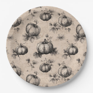 Vintage Pumpkin and Vine Engraving Pattern Paper Plate