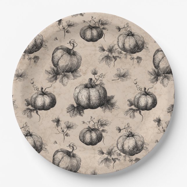 Vintage Pumpkin and Vine Engraving Pattern Paper Plate (Front)