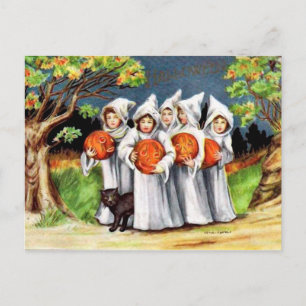 Vintage pumpkin black cat kids Halloween postcard