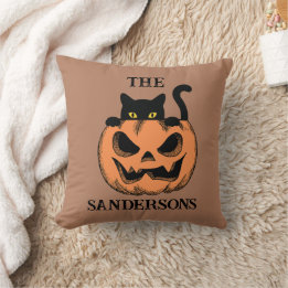 Vintage Pumpkin Black Halloween Cat Family Name Cushion