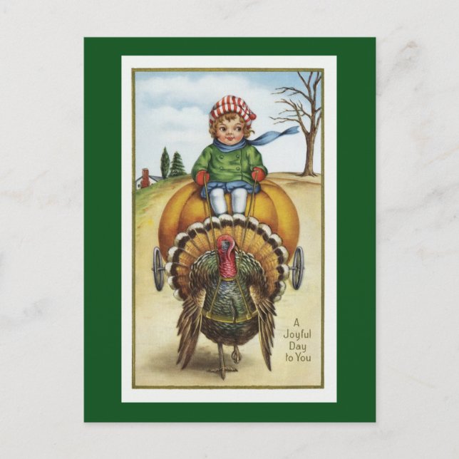 vintage pumpkin cart and turkey postcard (Front)