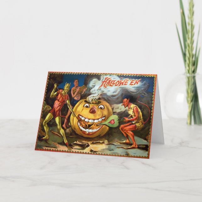 Vintage Pumpkin Devils Halloween Card (Front)