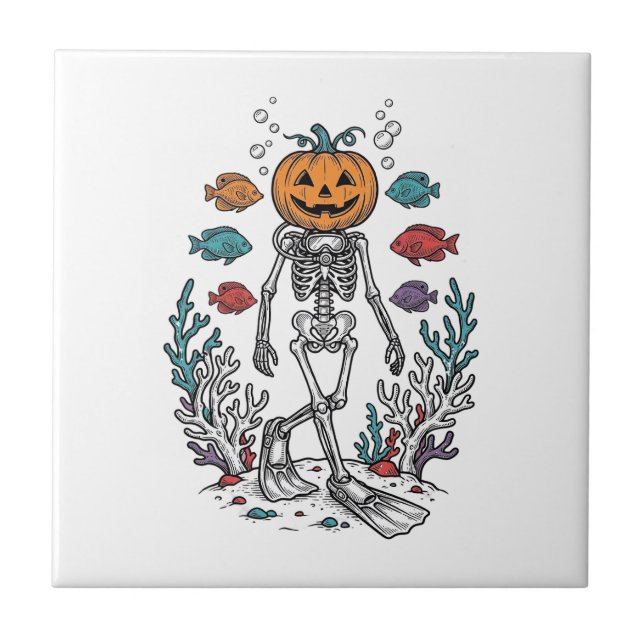 Vintage Pumpkin Skeleton Diver Halloween Fish Desi Tile (Front)