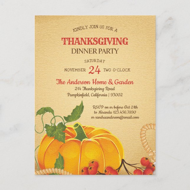 Vintage Pumpkin Thanksgiving Invitation Postcard (Front)