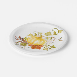 Vintage Pumpkin Thanksgiving Watercolor Art Paper Plate
