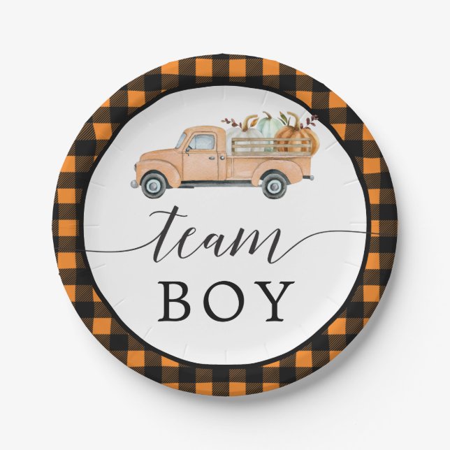 Vintage Pumpkin Truck Gender Reveal Paper Plates (Front)