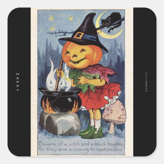 Vintage Pumpkin Witch Happy Halloween Square Sticker (Front)
