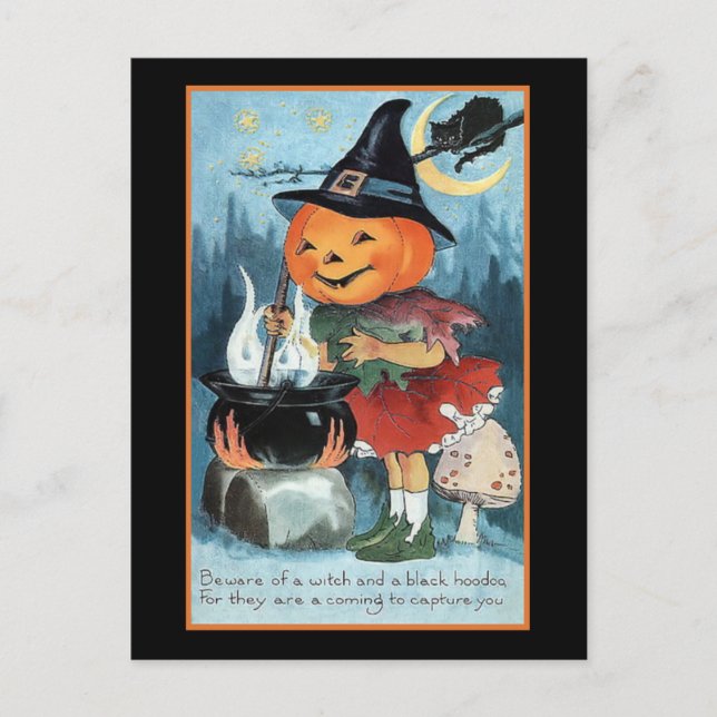 Vintage Pumpkin Witch Invitation Postcard (Front)
