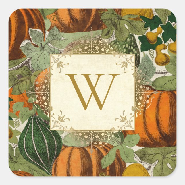 Vintage Pumpkins & Gourds Monogram Square Stickers (Front)