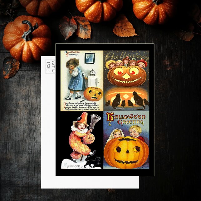 Vintage Pumpkins Kids 4 Photos Large Postcard (Vintage Halloween Women Montage Large Postcard)