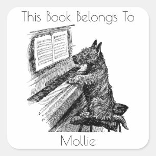 Vintage Pup Playing the Piano Bookplate Square Sticker
