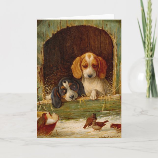 Vintage - Puppies & Visiting Birds, Holiday Card (Front)