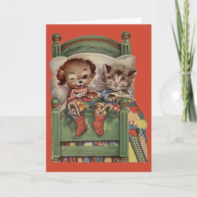 Vintage Puppy and Kitten Christmas Greeting Card (Front)