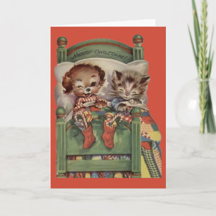 Vintage Puppy and Kitten Christmas Greeting Card