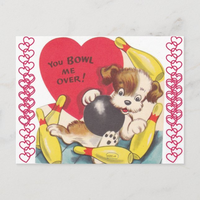 Vintage Puppy Dog Bowling Valentine Postcard (Front)