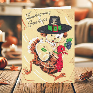 Vintage Puppy Dog Riding Turkey Thanksgiving Holiday Card