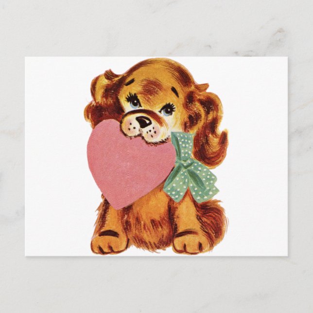 Vintage Puppy Holds Heart Postcard (Front)