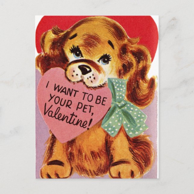 Vintage Puppy Holds Heart Valentine Holiday Postcard (Front)