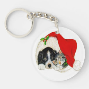 Vintage Puppy Kitty Christmas Key Ring