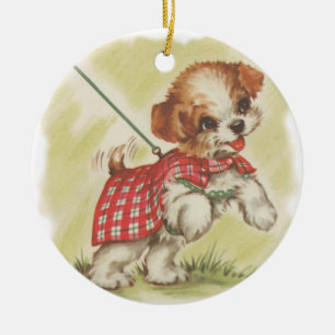 Vintage puppy on leash ceramic tree decoration
