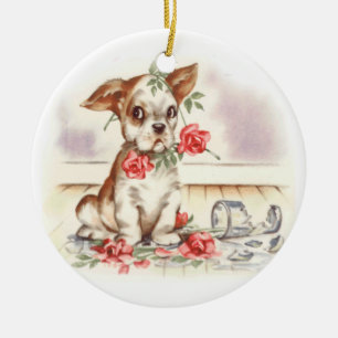 Vintage Puppy  with Broken vase and Pink Roses Ceramic Tree Decoration