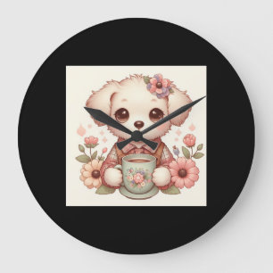 Vintage Puppy with Floral Teacup Large Clock