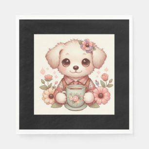 Vintage Puppy with Floral Teacup Napkin