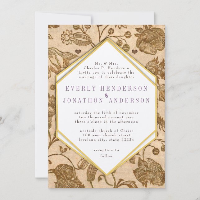 Vintage Purple Accents Love Bird Pattern Wedding Invitation (Front)