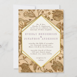Vintage Purple Accents Love Bird Pattern Wedding Invitation