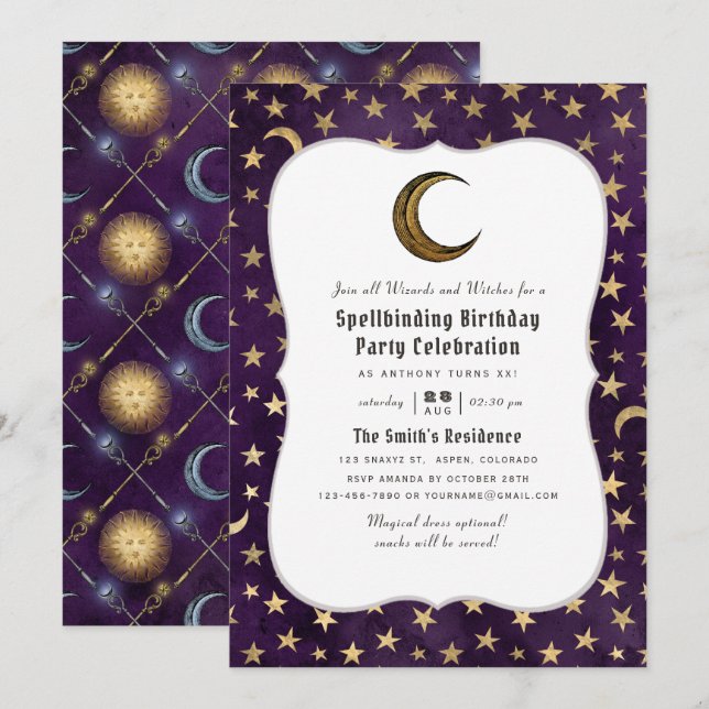 Vintage Purple and Gold Wizard themed Birthday Invitation (Front/Back)