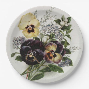 Vintage purple and yellow Pansies Paper Plate